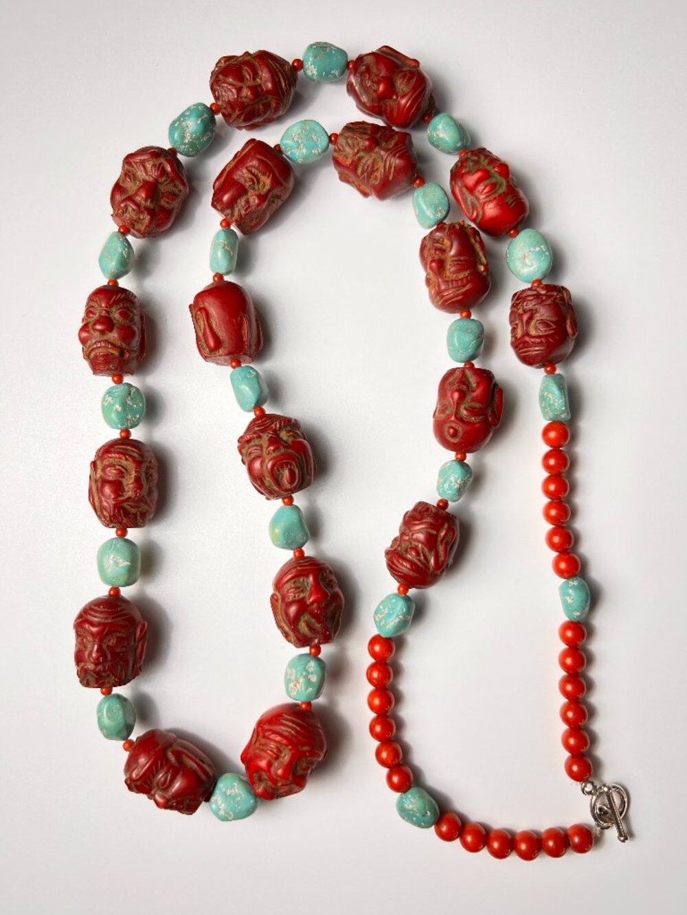VTG Chinese Cinnabar Turquoise Coral Wise Men Necklace 925 Silver Clasp 38.5"